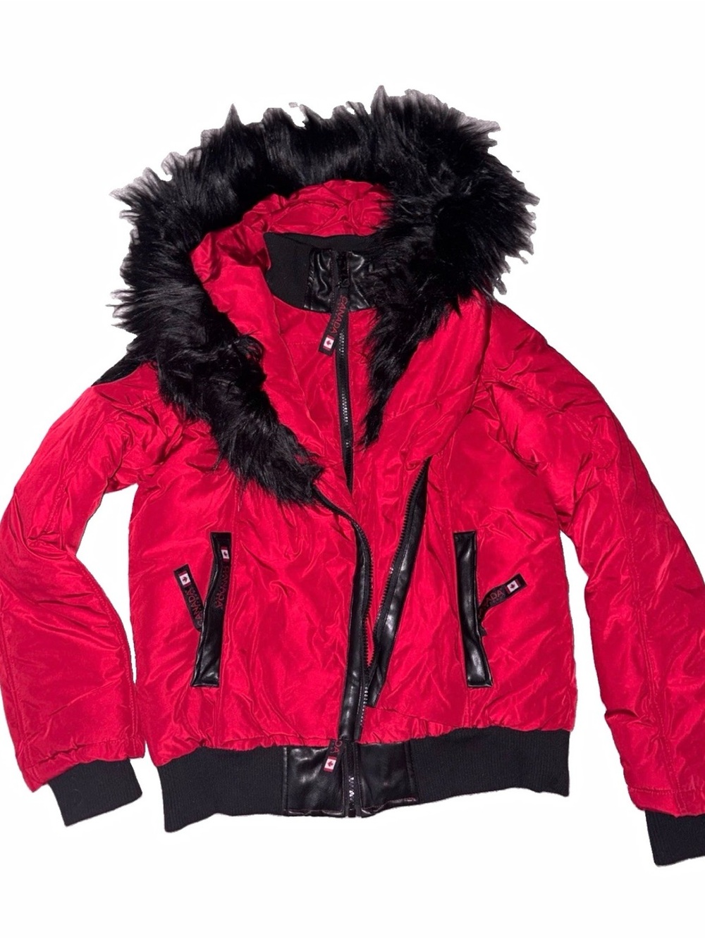 Canada Weather Gear Triple Goose Puffer Bomber Jacket Faux Fur Hood
Red Small